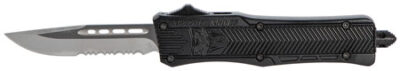 CobraTec Knives SBCTK1SDS CTK-1  Small 2.75" OTF Drop Point Part Serrated D2 Steel Blade/ Black Aluminum Handle Features Glass Breaker Includes Pocket Clip