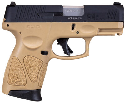 Taurus 1G3C931T G3C  Compact Frame 9mm Luger 12+1 3.26" Matte Stainless Steel Barrel, Matte Black Tenifer Serrated Steel Slide, Tan Polymer Frame w/Picatinny Rail, Black Polymer Grip, Right Hand